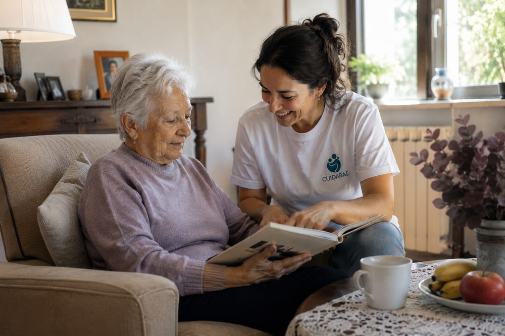 Una cuidadora de Cuidarae mira un àlbum de fotos amb una dona gran al sofà de casa